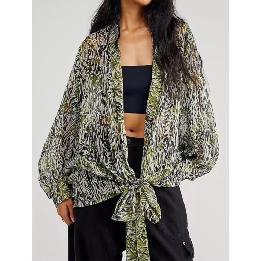 FREE PEOPLE | Abstract Flowy Zebra Print Tie-Front Top in Green & Ivory